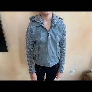 Juniors zip out hood faux leather jacket